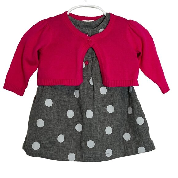 Carters Baby Girls 3M Dress & Cardigan Set Pink Gray Polka Dot Outfit - Picture 1 of 9
